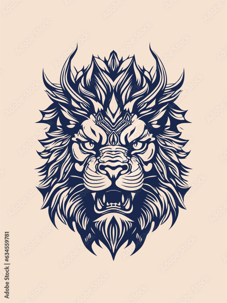Obraz premium The dragon lion head hand black and white vector illustration 