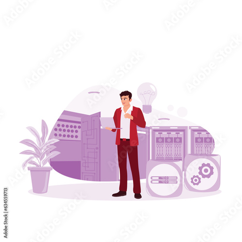 The guy who fixes the servers in the data center. Datacenter abstract concept vector illustration. Trend Modern vector flat illustration.
