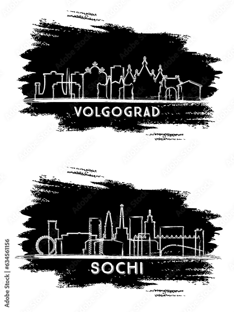 Sochi and Volgograd Russia City Skyline Silhouette Set. Hand Drawn Sketch.