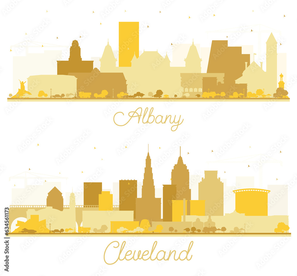 Cleveland Ohio and Albany New York City Skyline Silhouette Set with Golden Buildings.