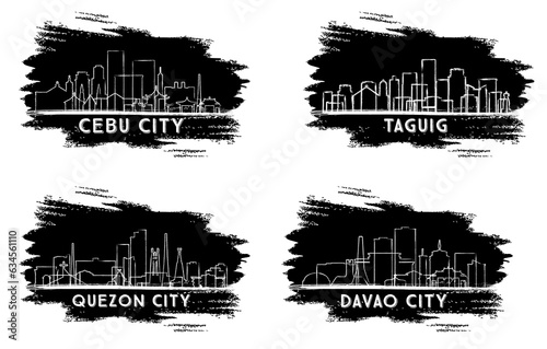 Quezon City  Taguig  Davao City and Cebu City Philippines Skyline Silhouette Set.