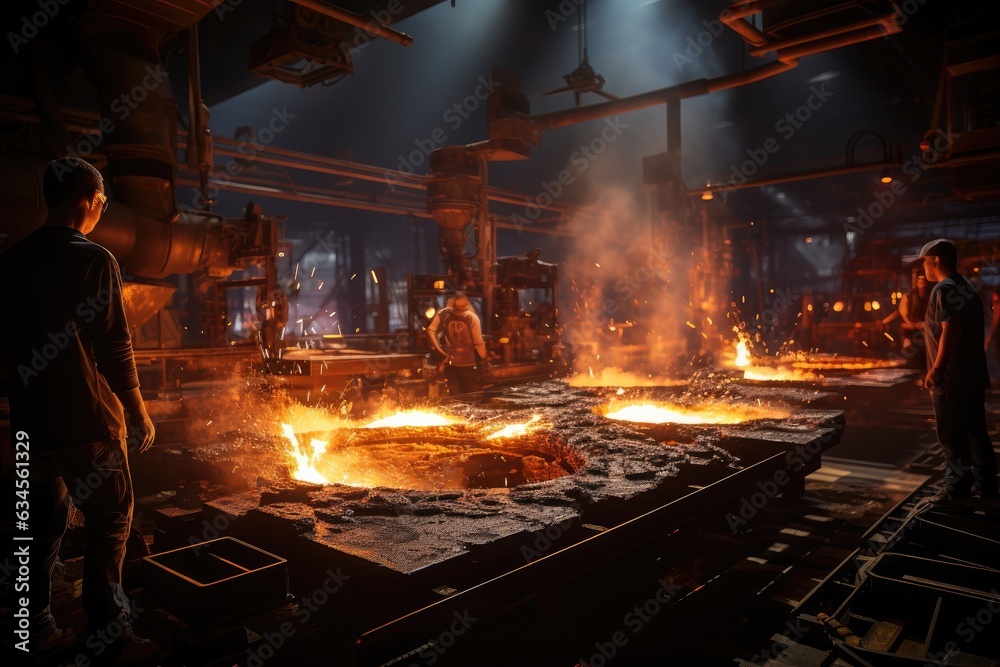 Alchemical Fusion: The Skillful Gaze of Foundry Workers Watching Molten Metal Transform as it's Poured into Molds, Setting the Stage for a Dazzling Spark Display