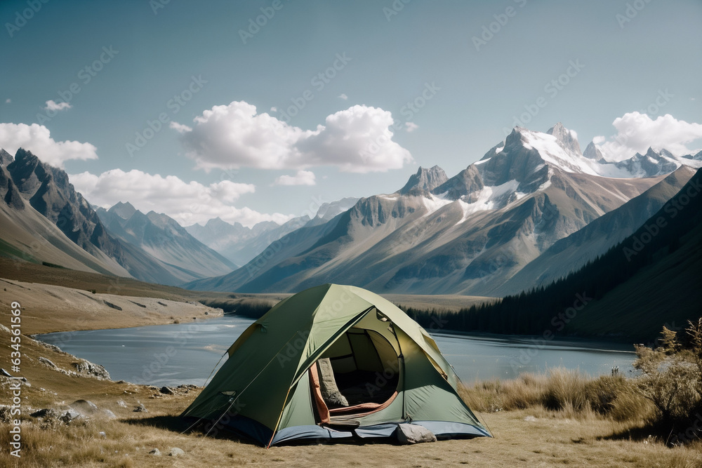 camping tent nestled in a mountain valley, beside a serene pond, under the bright sun, offering a tranquil nature escape