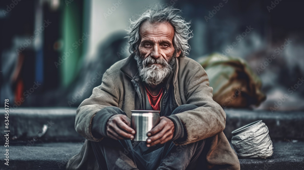 A homeless beggar man sitting outdoors in city asking for money donation. Generative Ai