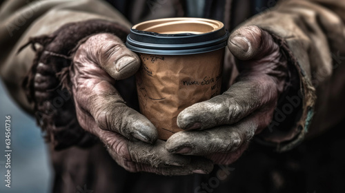Beggar's Hand Wearing Gloves Holding Disposable Cup. Generative Ai.