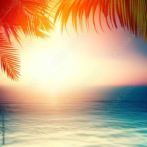 summer sea with leaves palm at sunset and copy space, sky relaxing concept, beautiful tropical background for travel landscape © Natalia
