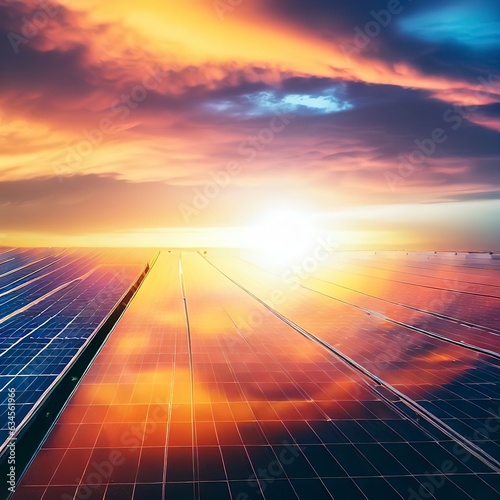 Sunset sky reflects solar panel sustainable power generation