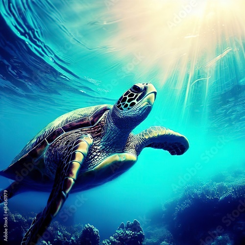 Swimming with sea turtles in tropical reef © Natalia