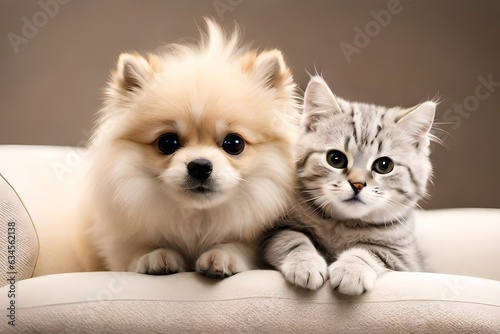 kitten and puppy sitting on sofa generated by AI tool 