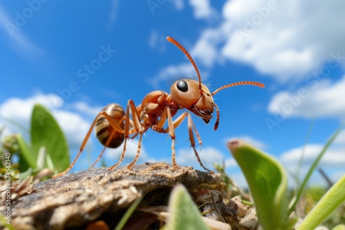 Close up Shot of Ant Finding Food on Leaf Cloudy Blue Sky Background. Generative Ai