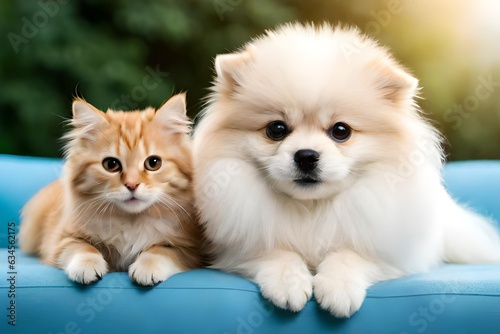 cute white puppy with cat sitting on sofa generated by AI tool 