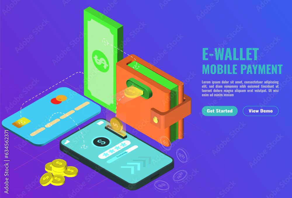 Isometric wallet money and credit card connected and transfer money to smartphone application.