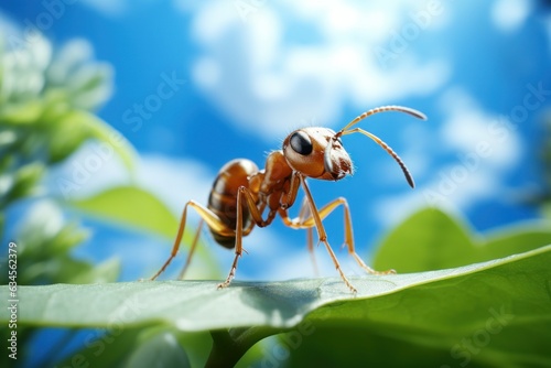 Close up Shot of Ant Finding Food on Leaf Cloudy Blue Sky Background. Generative Ai