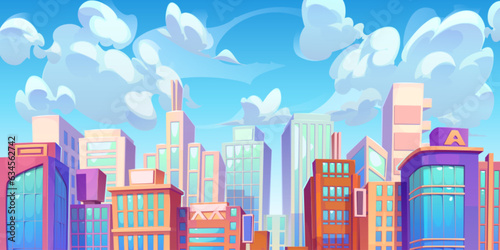 Skyscraper building city view vector illustration. Skyline and cloud background with modern high business office construction in town. Condo real estate big home in metropolis downtown district