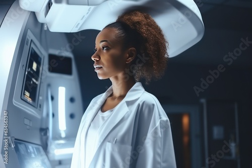 Hospital Radiology Room: Beautiful Multiethnic Woman Standing in Medical Gown in the X-Ray Machine. photo