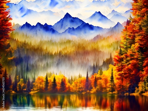 Mountain Landscape with Lake, Watercolor. Generative AI Illustration