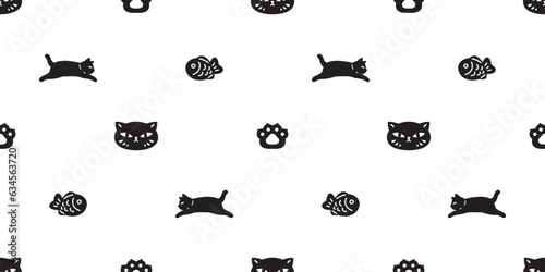 cat seamless pattern kitten paw footprint neko face head taiyaki fish vector japanese food cartoon character pet gift wrapping paper repeat wallpaper tile background animal doodle illustration design 
