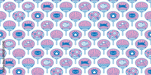 cat seamless pattern japanese fan neko kitten vector cartoon character pet paw footprint flower taiyaki wave gift wrapping paper tile background repeat wallpaper animal doodle illustration design scar