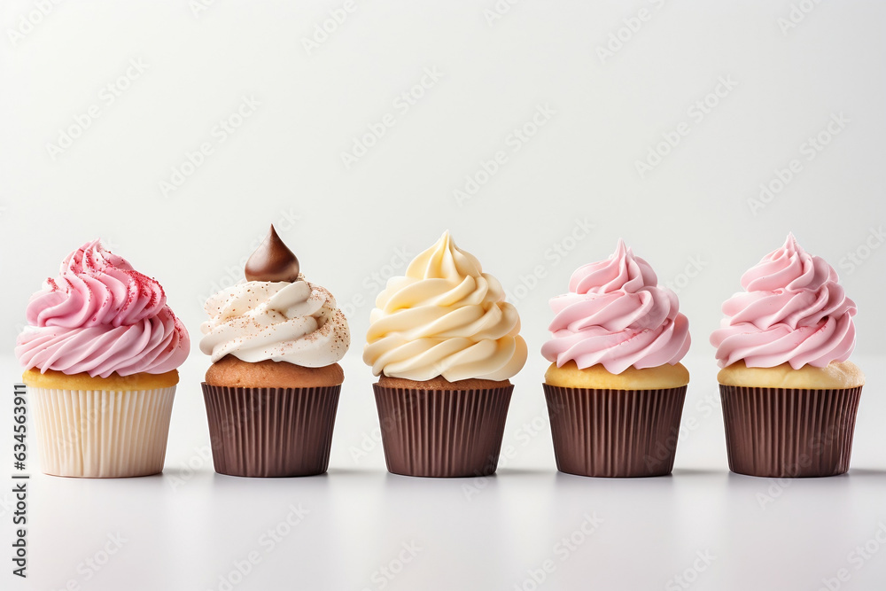 Row of tasty cupcakes isolated on white background. Birthday cupcake in rainbow colours, copy space advertising