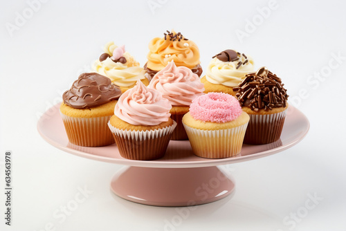 Cupcakes with cream with frosting and sprinkles, with berries and chocolate, bundle of cakes on pink plate, muffins with cream in the middle, close up, copy space