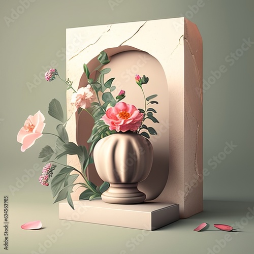 3D stone podium with flowers pastel colors minimalistic style for comsetics and beauty products photo