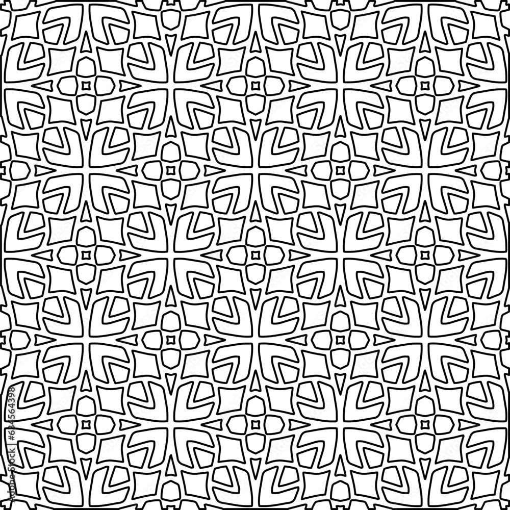 Abstract background with figures from lines. black and white pattern for web page, textures, card, poster, fabric, textile. Monochrome graphic repeating design.