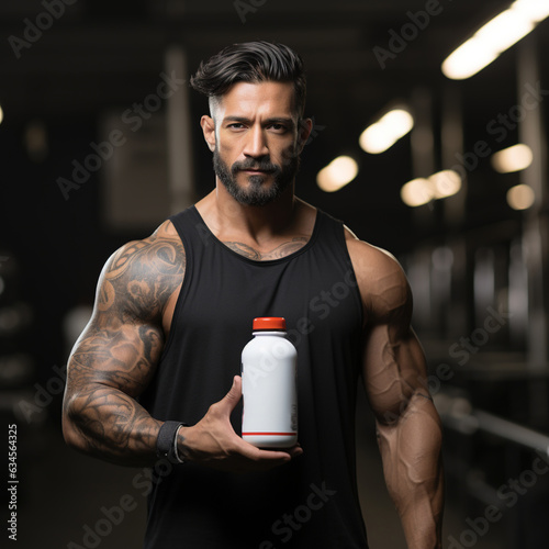 Heavy weigh smart bodybuilder in gym outfit with protein bottle in hand black background photo