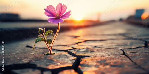 Pink flower growing on crack street sunset background  photo
