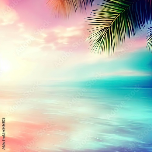 summer sea with leaves palm at sunset and copy space,sky relaxing concept ,beautiful tropical background for travel landscape ,watercolor digital painting style