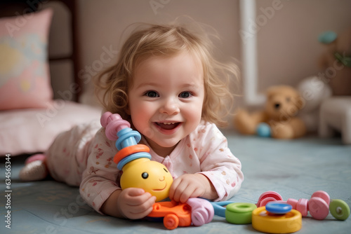 A small smiling child is playing with his rattle toy.