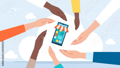 The concept of online shopping on social media app. Concept Marketing and Digital marketing. Online shopping store with mobile application and hands around. E-commerce. Vector flat illustration.