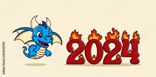 cartoon dragon with burning numbers 2024. Vector image with the symbol of 2024