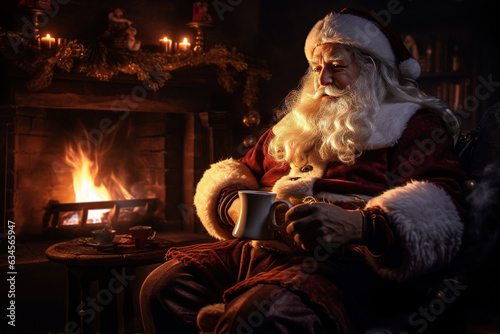 Santa sitting at the fireplace with a mug of hot coffee, beautiful photorealistic illustration generated by Ai