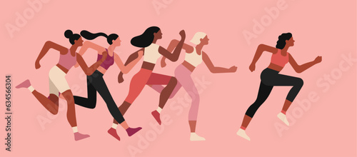 Pink Woman Group Participating in Breast Cancer Running for Supporting Awareness Campaign and Charity Event, Healthcare Concept, Vector Flat Illustration