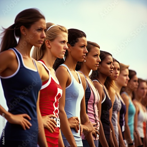 group of woman standing in a row at the starting line of a sporting event (Generative AI)
