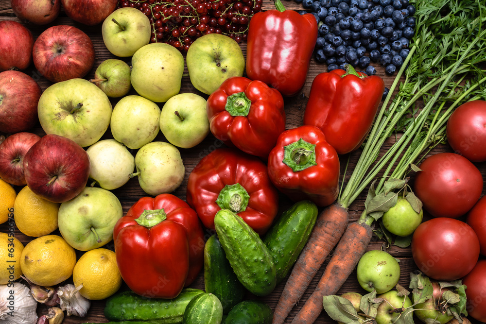 Bio organic vegetable and fruit on farmer market. Food background with assortment of fresh organic fruit and vegetables.