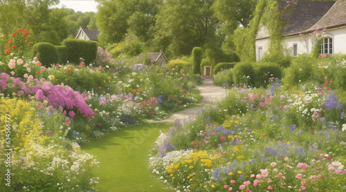 A path through a garden with flowers and a house in the background by Generative AI © BornHappy