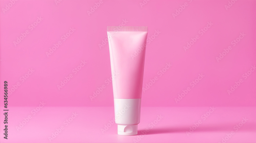Empty tube of body cream on pink background by Generative AI Empty tube of body cream on pink background by Generative AI