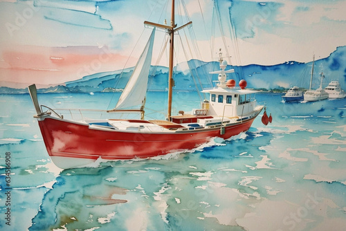 Boat in the sea watercolor wallpaper background by Generative AI