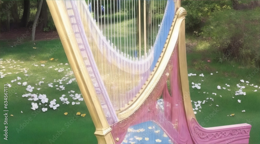 Obraz premium Harp being played by a unrecognizable person by Generative AI