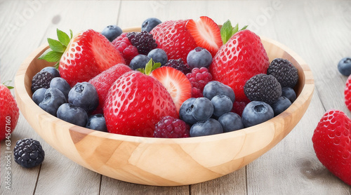 Juicy berries and fresh fruit on rustic wooden bowl by Generative AI