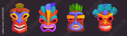 Hawaiian tiki head totem mask vector cartoon icon isolated on background. hawaii party decoration with cute trendy face sculpture clipart. Tropical indigenous smile design with feather and leaves