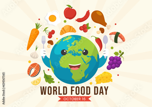 World Food Day Vector Illustration on 16 October with Various Foods, Fruit and Vegetable in Flat Cartoon Hand Drawn Background Templates