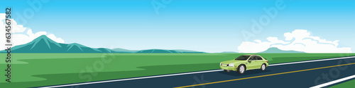 Vector or Illustrator and Landscape view. Classic car travel trip to nature on asphalt road. Road cuts across the vast plains with a complex mountainous background. Under blue sky and white clouds.