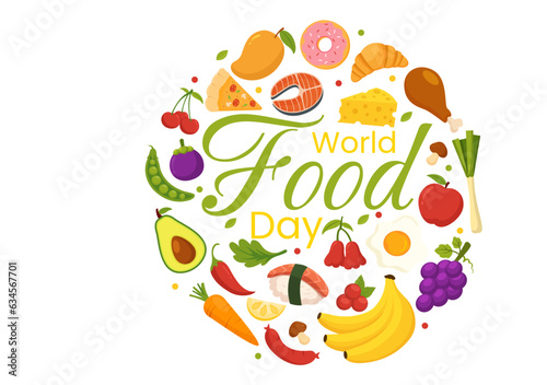 World Food Day Vector Illustration on 16 October with Various Foods  Fruit and Vegetable in Flat Cartoon Hand Drawn Background Templates