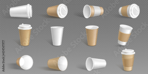 White isolated paper coffee cup vector mockup. Empty disposable plastic take away mug with lid and sleeve mock up. Realistic cafe container for cappuccino or latte with brown eco holder package