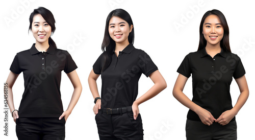 asian Woman wearing black polo shirt. blank polo shirt for design mock up isolated on transparent background.