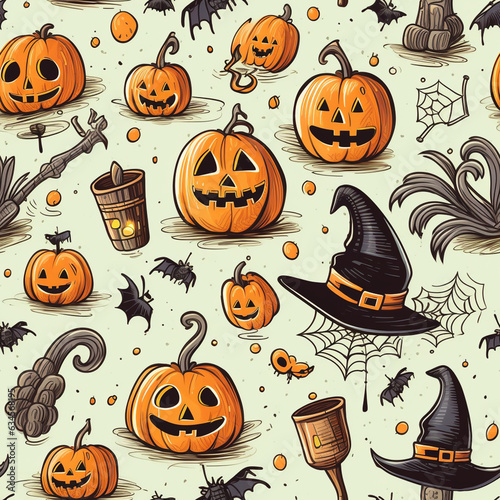 Seamless pattern with Halloween story, hand drawng styles hat witch broom pumpkin spider cross, grave, cobweb. photo