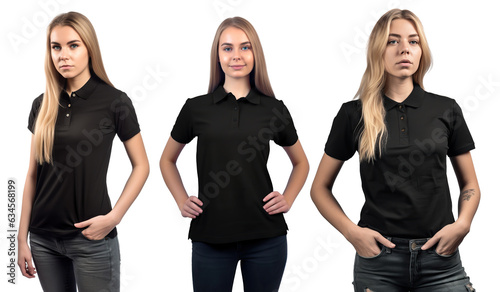 cauasian Woman wearing black polo shirt. blank polo shirt for design mock up isolated on transparent background. photo
