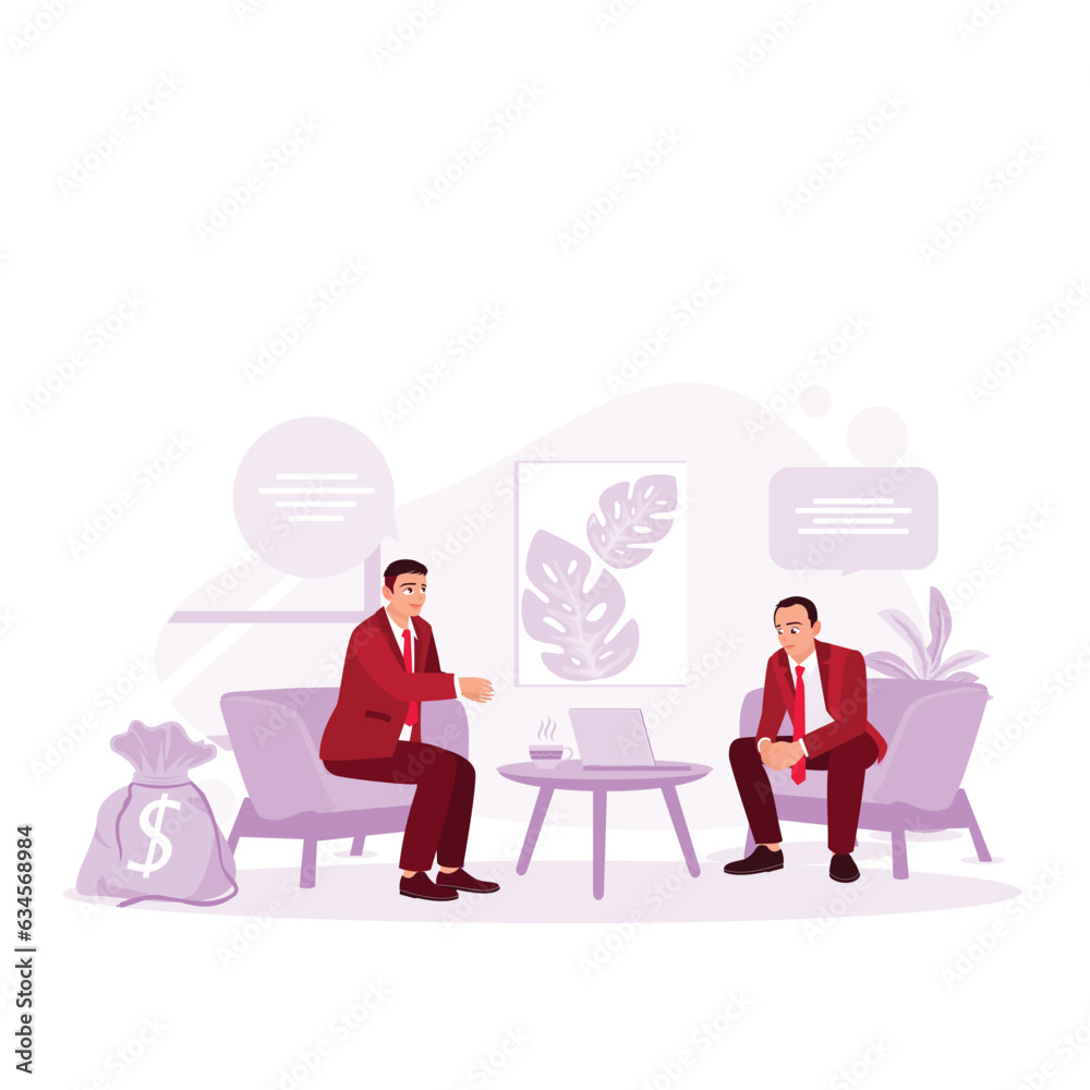 Entrepreneurs sit together to solve problems. Bankers tell clients about the bank's services making recommendations and consulting. Trend Modern vector flat illustration Entrepreneurs sit together to solve problems. Bankers tell clients about the bank's services making recommendations and consulting. Trend Modern vector flat illustration